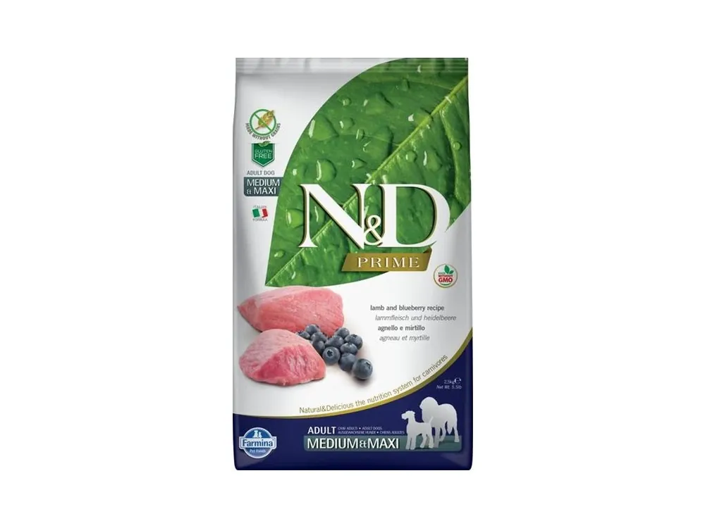 Nejlepší Cena N&D PRIME Dog GF Lamb & Blueberry Adult Medium & Maxi 2,5 kg