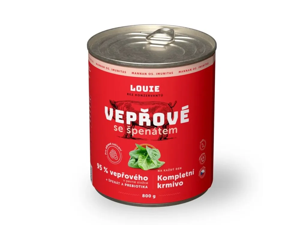 Akční Cena Louie konzerva pro psy vepřové, špenát, prebiotika 800 g