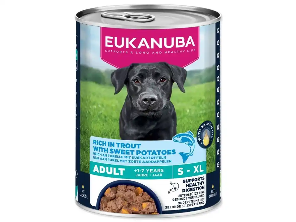 Konzerva EUKANUBA Adult bohatá na pstruha s batáty 400 g Finální Výprodej