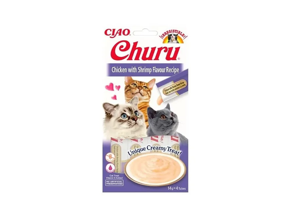 Časově Omezené Inaba Churu cat snack Kuře s krevetovou příchutí 4x14 g