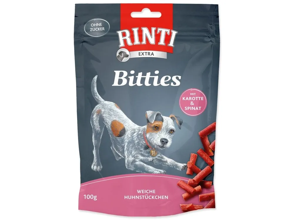 Pochoutka Rinti Bitties kuře s karotkou a špenátem 100 g Omezená Nabídka