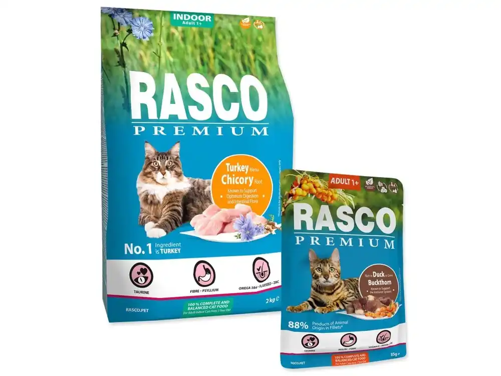 Tovární Cena Krmivo Rasco Premium Indoor krůta 2kg + 5 kapsiček ZDARMA
