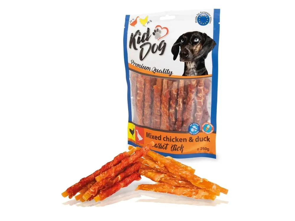 Novinka KIDDOG mix mrkvových tyčinek kuřecí + kachní 12 cm 250 g