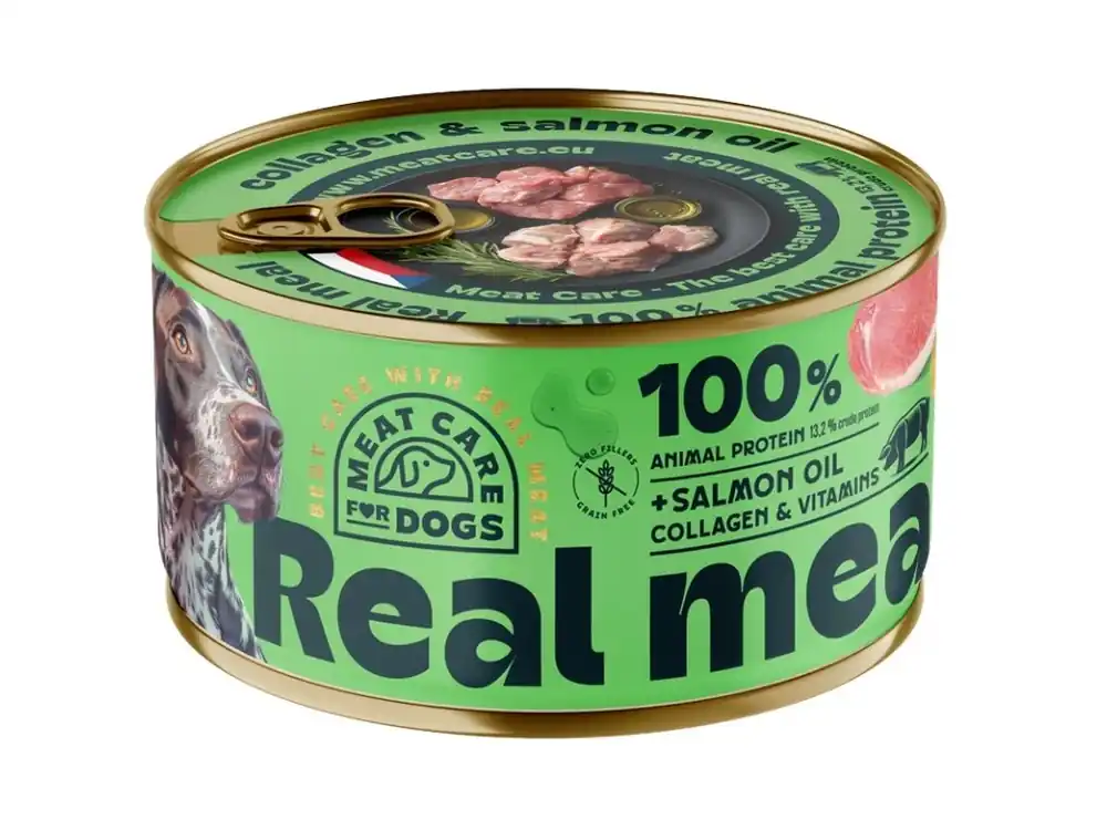 Novinka Meat Care Real Meal konzerva pro psy s vepřovým 400 g