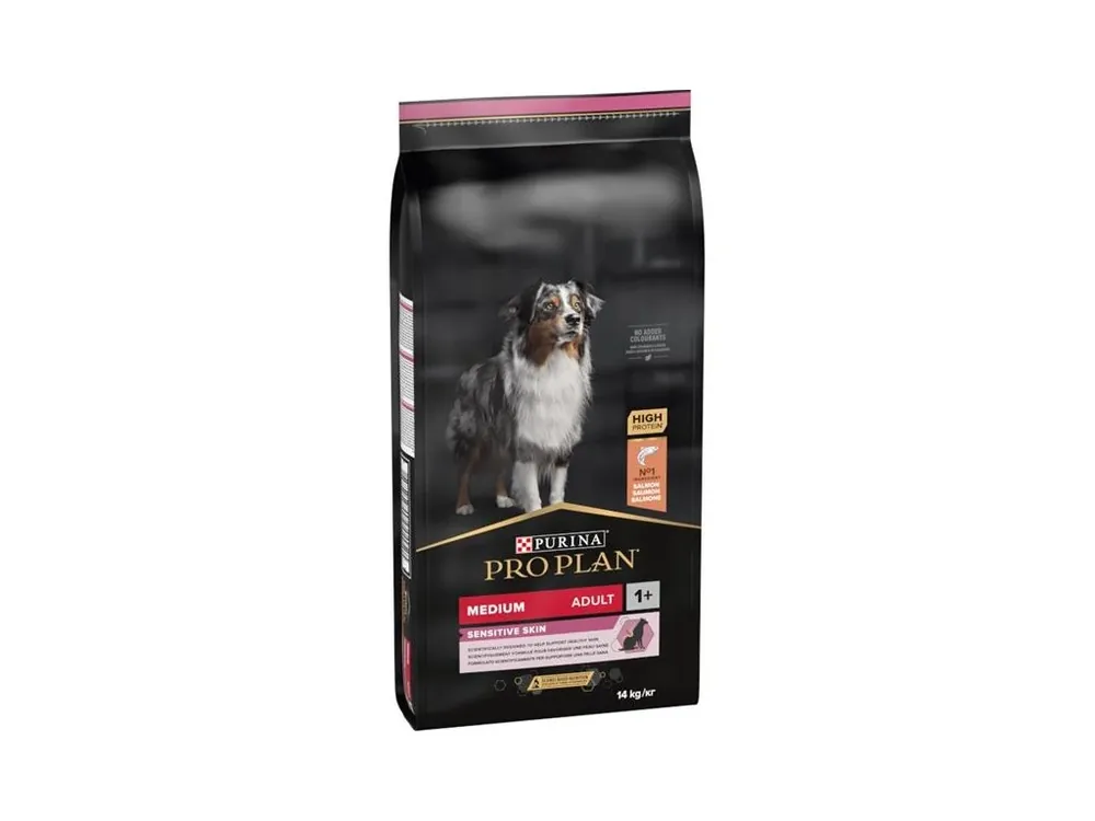 Zlevněný Pro Plan Dog Adult Medium Sensitive Skin losos 14 kg