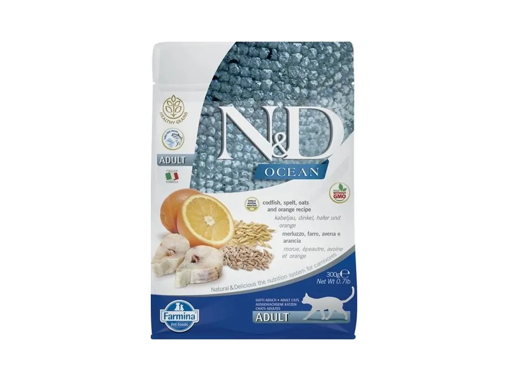 Cenová Bomba N&D OCEAN Cat LG Cod, Spelt, Oats & Orange Adult 300 g