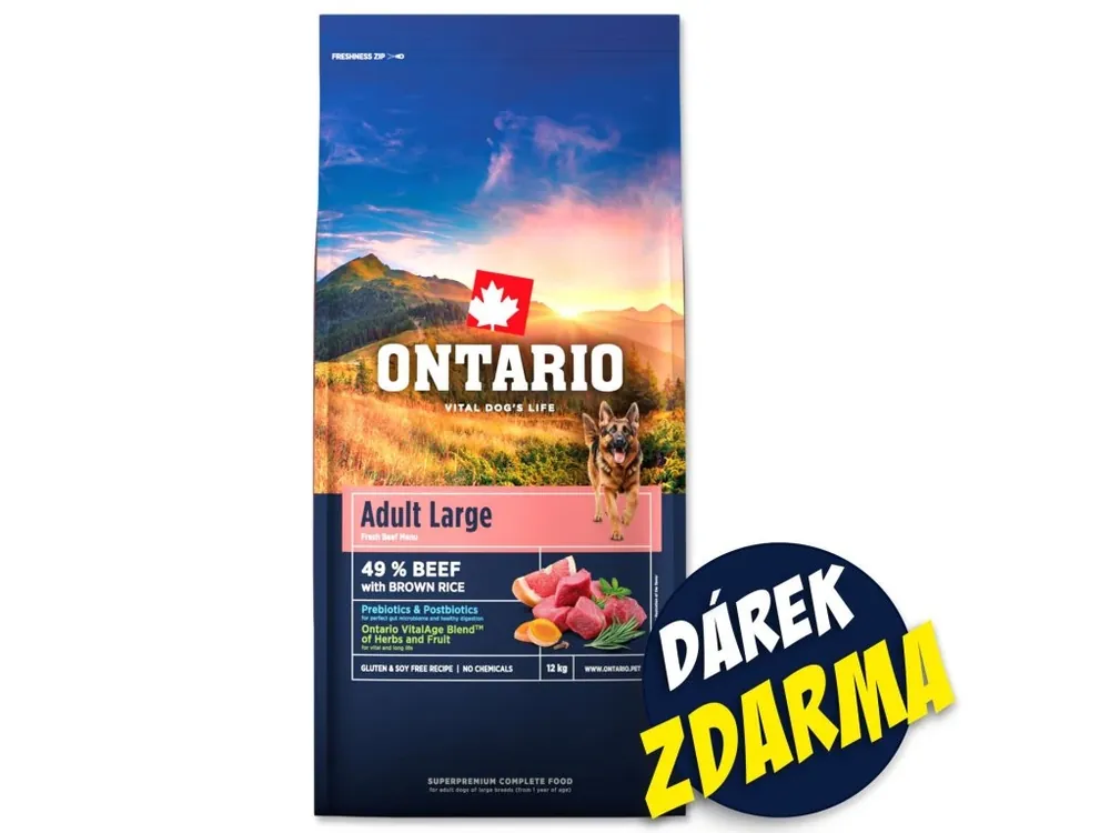 Finální Výprodej Krmivo Ontario Adult Large Beef 12 kg + 2,25 kg ZDARMA