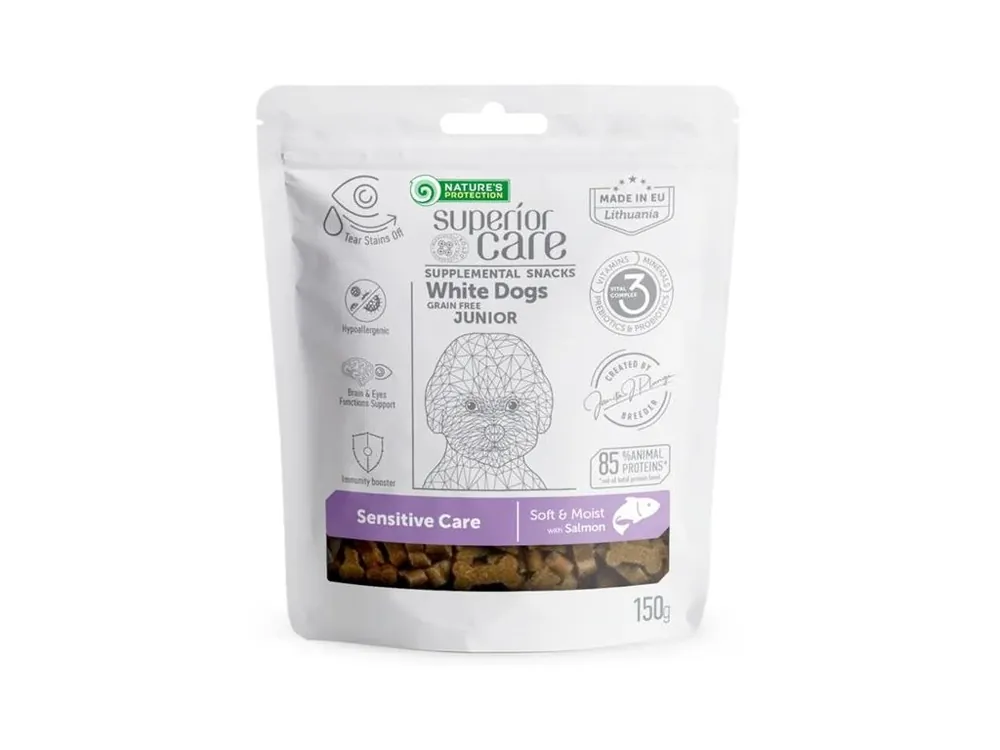 Cenový Hit Nature‘s Protection Superior Care Snack White Dogs Junior GF Salmon 150 g