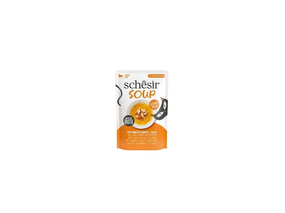 Bezpečná Platba Schesir Cat kapsa Adult Soup tuňák/mrkev/dýně 40g