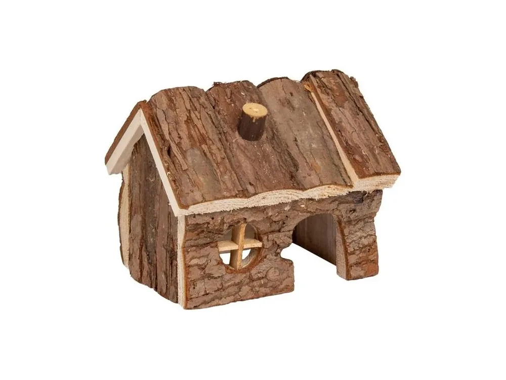 Nízká Cena Domek dřevo s kůrou sedlová střecha Grity 14,5x11x11,5cm Flamingo
