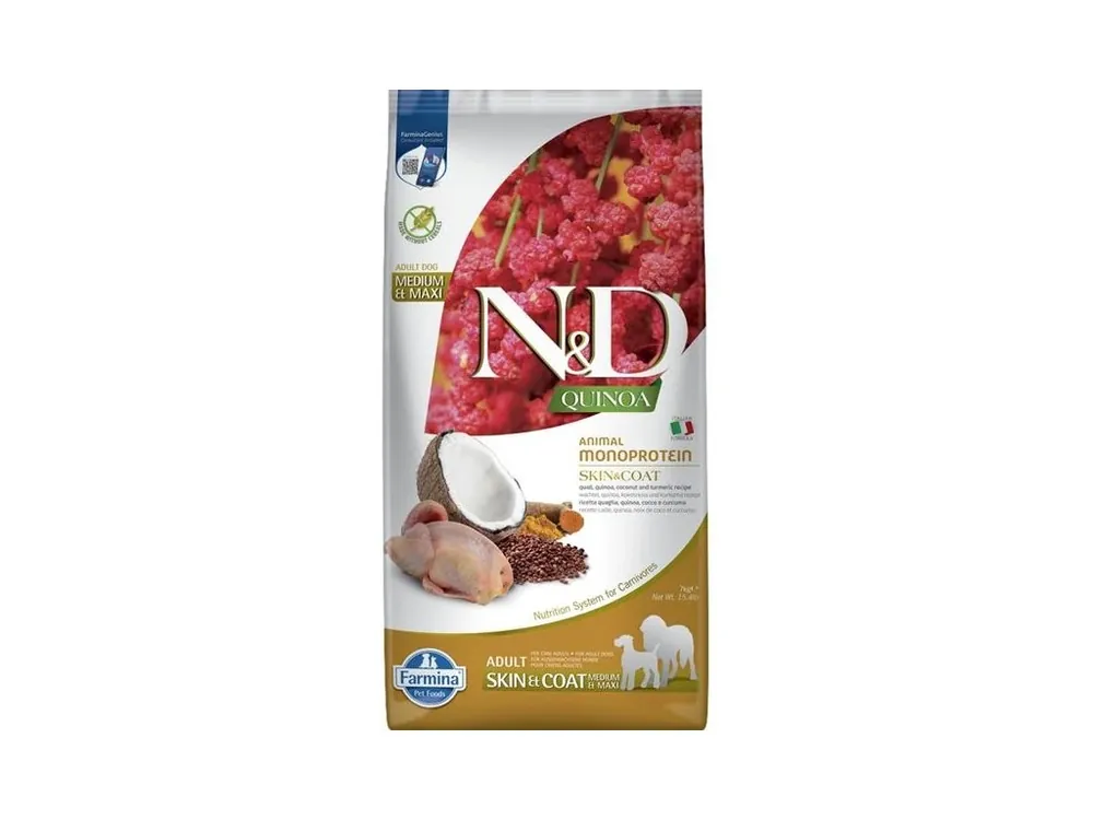 Objednat Nyní N&D QUINOA Dog GF Skin & Coat, Quail & Coconut Adult Medium & Maxi 7 kg
