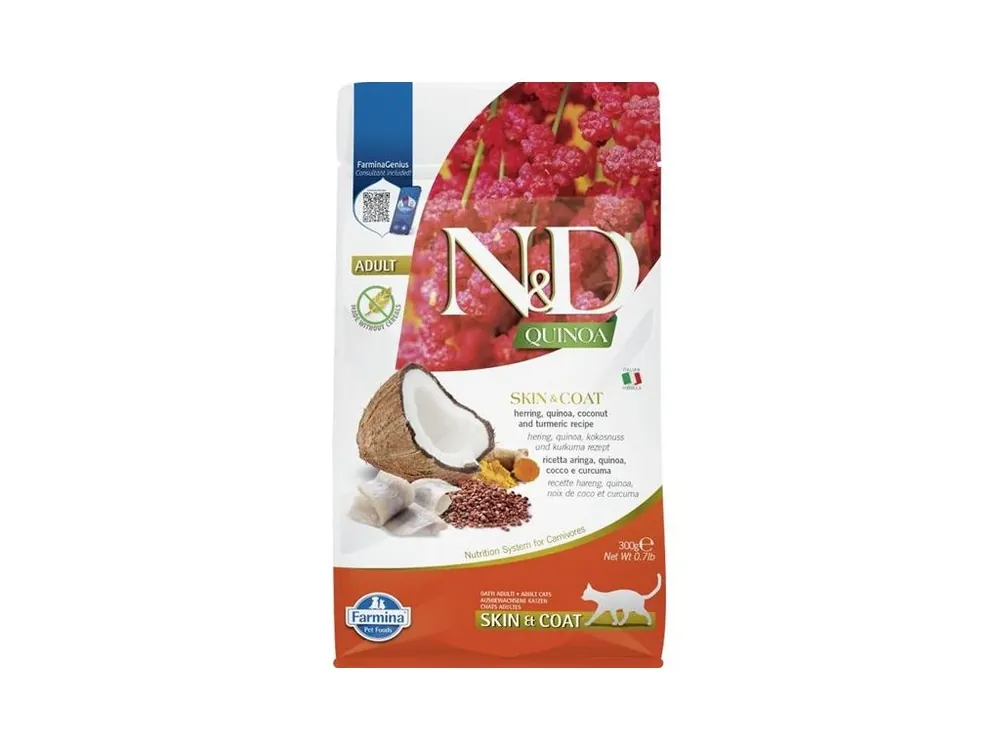 N&D QUINOA Cat GF Skin & Coat Herring & Coconut Adult 300 g Akční Nabídka