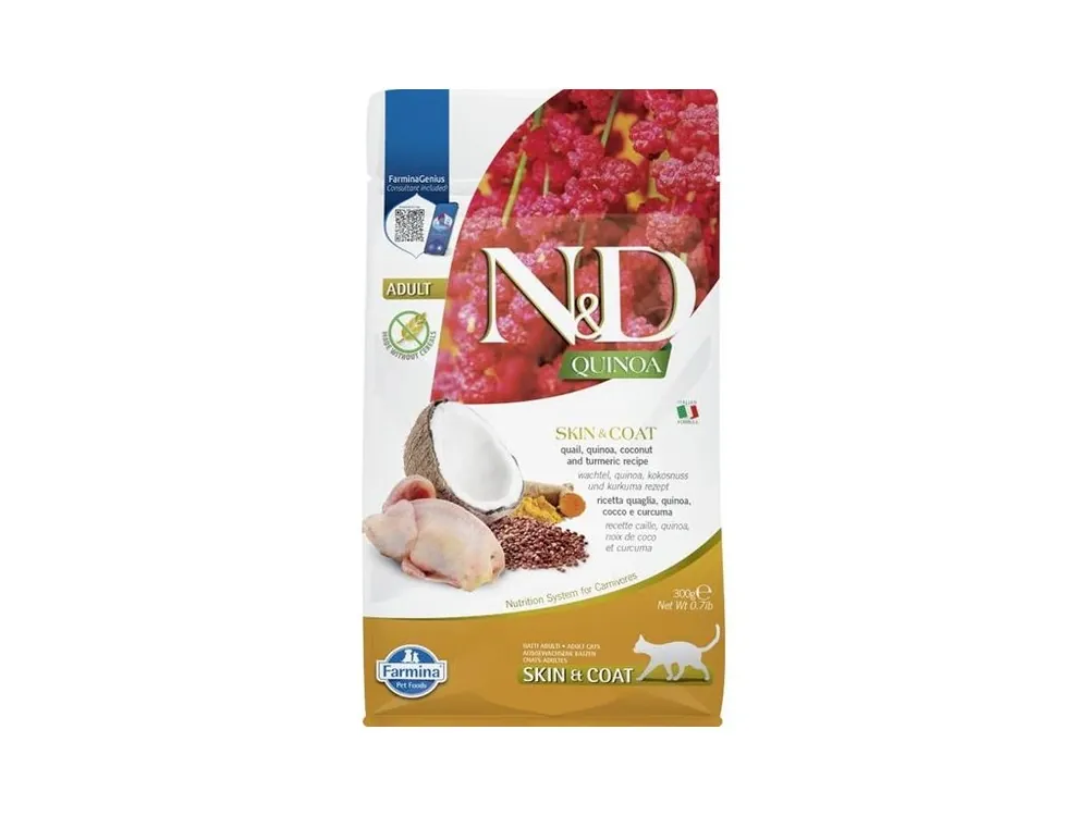 Finální Výprodej N&D QUINOA Cat GF Skin & Coat, Quail & Coconut Adult 300 g