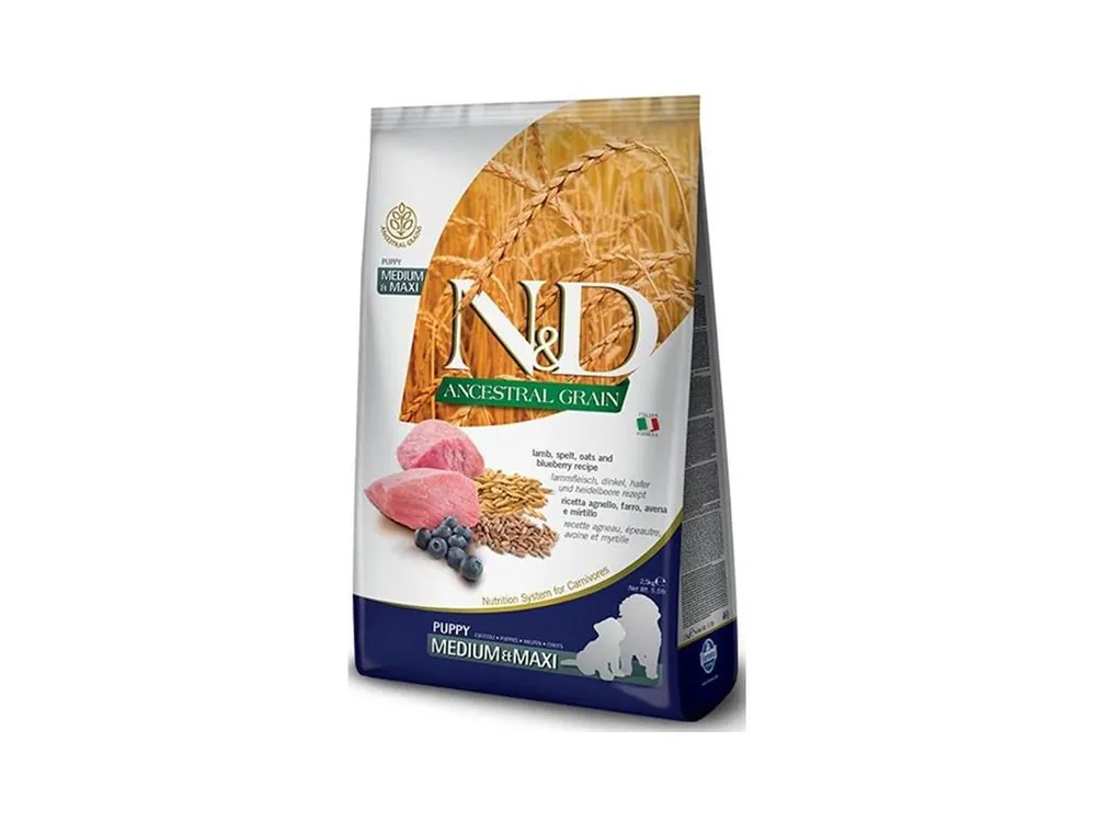 Originální N&D ANCESTRAL GRAIN Dog LG Lamb, Spelt, Oats & Blueberry Puppy Medium & Maxi 2,5 kg