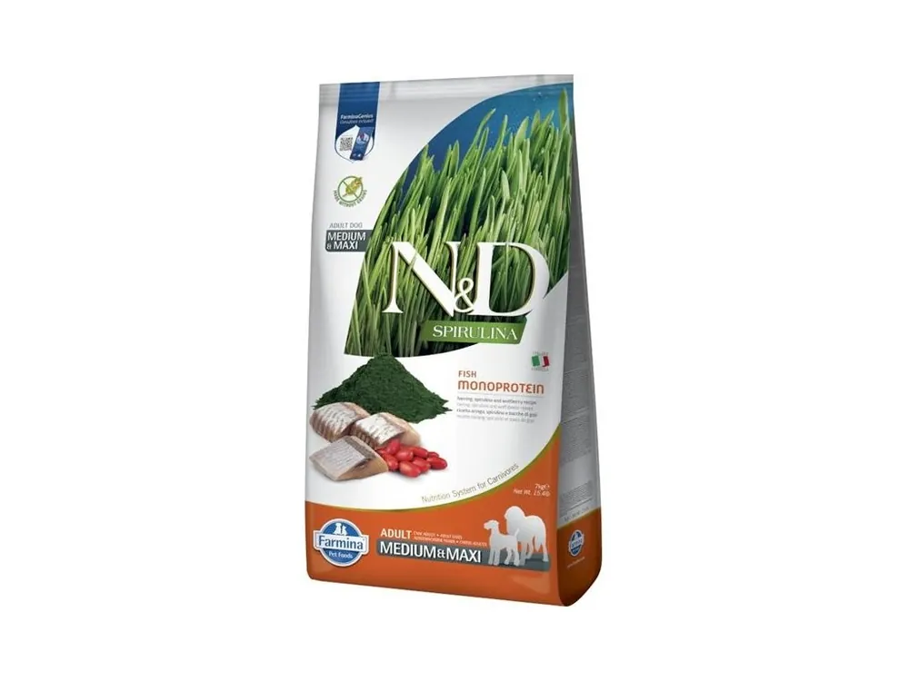 N&D SPIRULINA Dog GF Herring & Wolfberry Adult Medium & Maxi 7 kg Nejlepší Cena