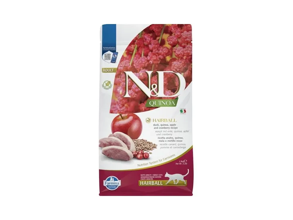 Akční Nabídka N&D QUINOA Cat GF Hairball Duck & Cranberry Adult 1,5 kg