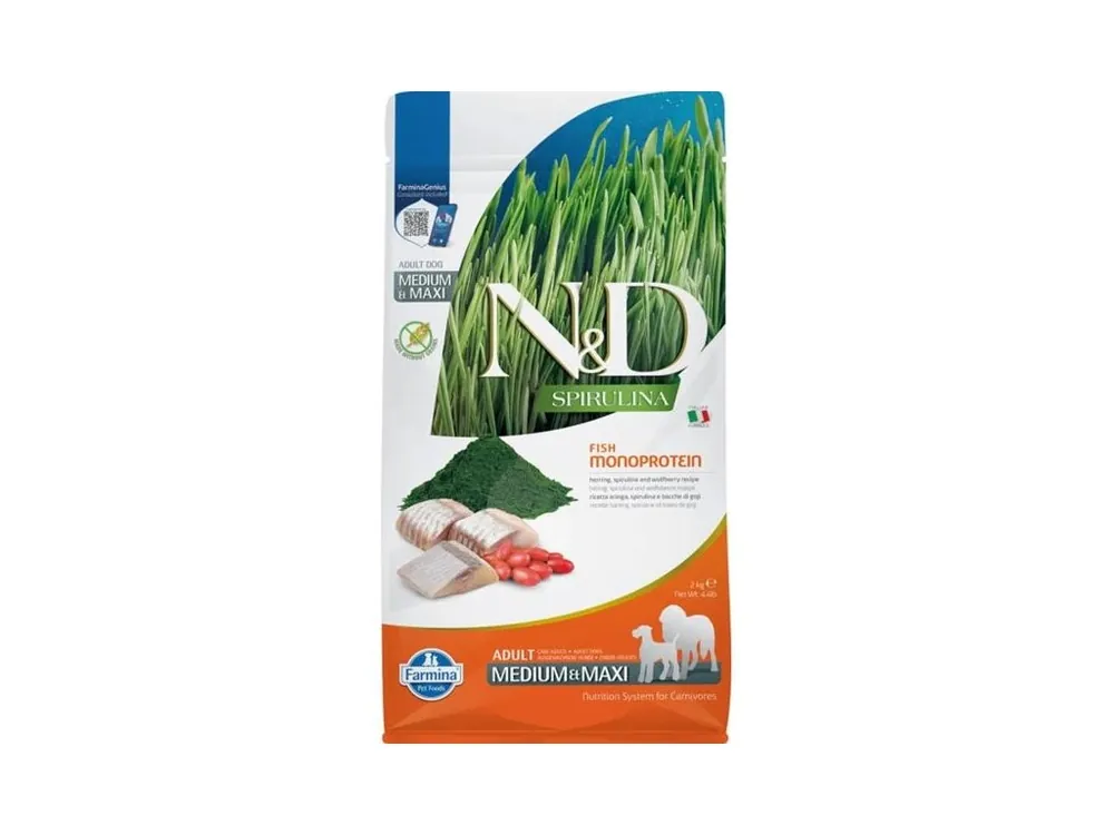 Časově Omezené N&D SPIRULINA Dog GF Herring & Wolfberry Adult Medium & Maxi 2 kg
