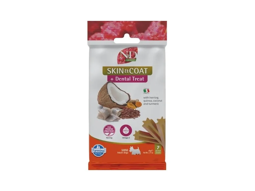 Sleva N&D QUINOA Dog Dental Snack Skin & Coat Herring Mini 60 g