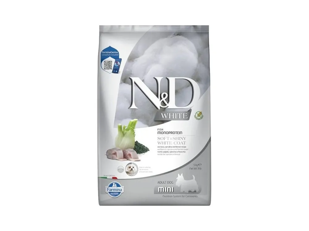 N&D WHITE Dog GF Sea Bass, Spirulina & Fennel Adult Mini 5 kg Ověřený