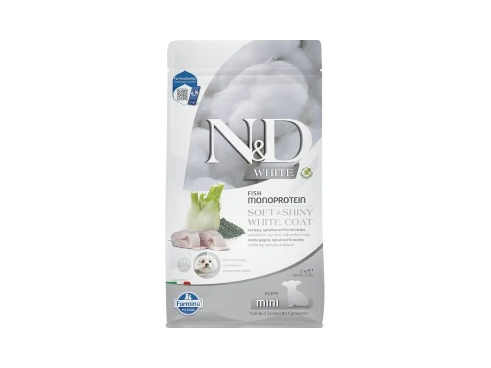 N&D WHITE Dog GF Sea Bass, Spirulina & Fennel Puppy Mini 1,5 kg Koupit Online