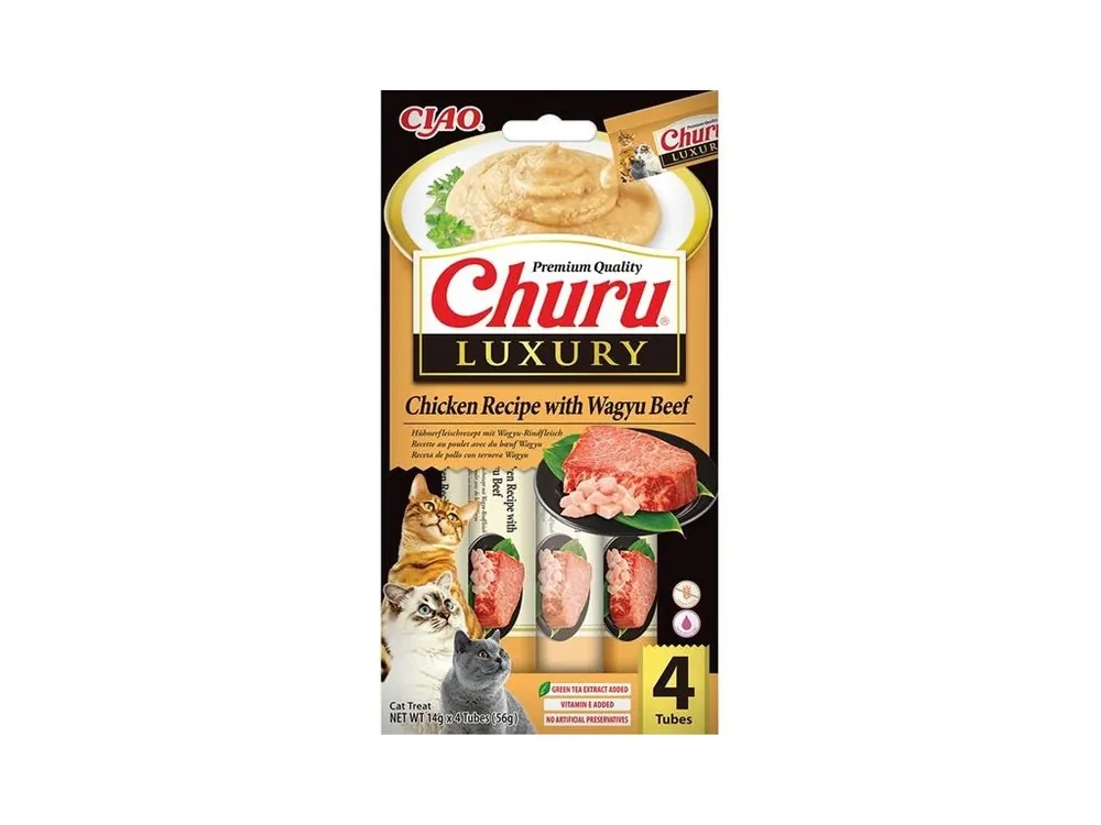Zlevněný Inaba Churu Cat Luxury kuře s hovězím masem Wagyu 4x 14g