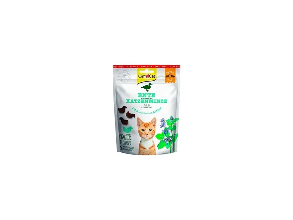 Zlevněný GimCat Crunchy Snacks kachna&šanta kočičí 140g