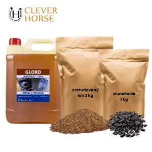 NA PŘIBRÁNÍ balíček Lněný olej 2 l + Extrudovaný len 2 kg + Slunečnice 1 kg (Potřebuje váš kůň přibrat? Pořiďte mu tento výhodný set.) Cenová Bomba