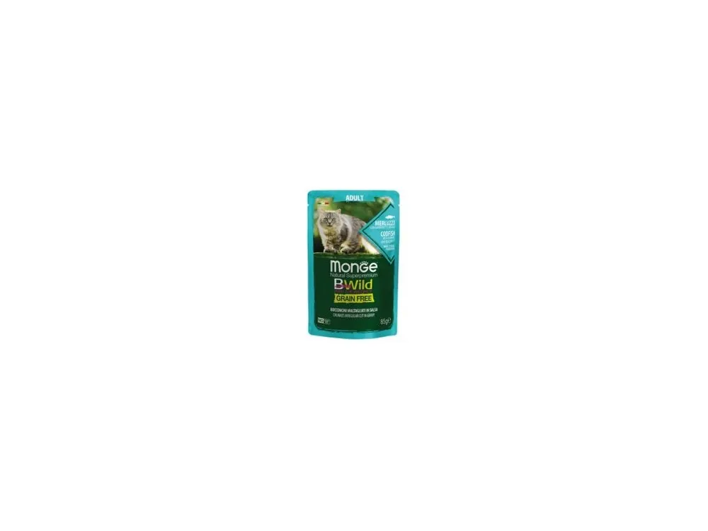 Cenově Výhodný MONGE BWILD CAT Grain Free kapsička ADULT Treska se zeleninou 85g