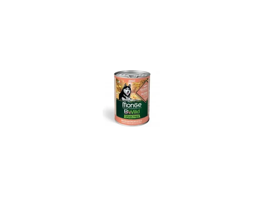 Koupit Online MONGE BWILD DOG Adult Grain Free, Lososové kousky v omáčce s dýní a cuketou 400g