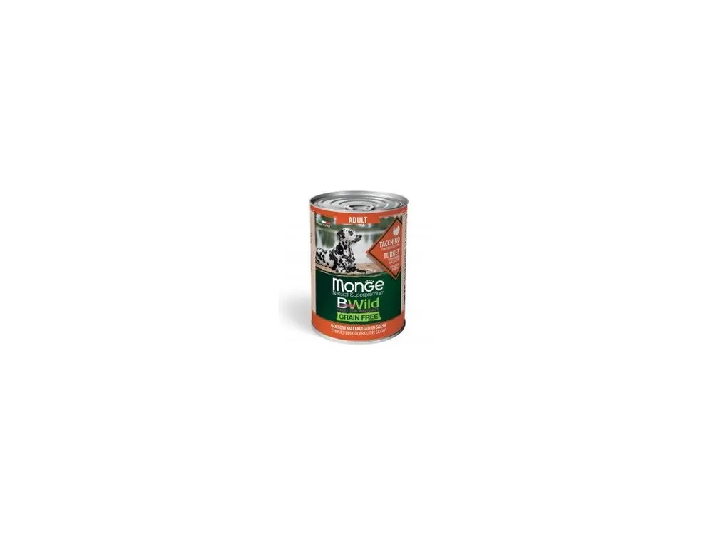 Sezónní Sleva MONGE BWILD DOG Adult Grain Free, Krůtí kousky v omáčce s dýní a cuketou 400g