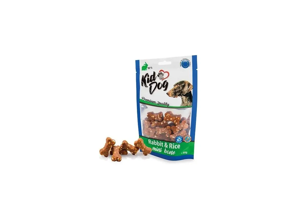 Cenově Výhodný KIDDOG králičí maso s rýží MINI kostičky 80 g