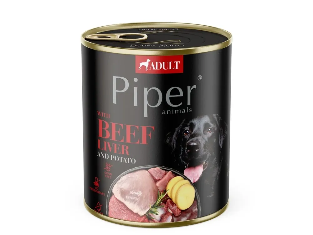 Akční Nabídka NEW PIPER s hovězími játry a bramborami, konzerva pro psy 800 g