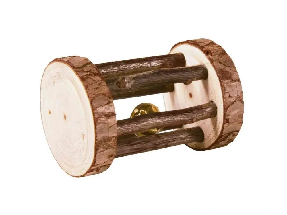 Dřevěný váleček s rolničkou pro morčata a králíky, dřevo s kůrou, o 5 × 7 cm Autentický