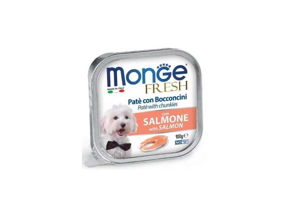 Vrácení Zdarma MONGE FRESH - paštika a kousky s lososem 100 g pro psy