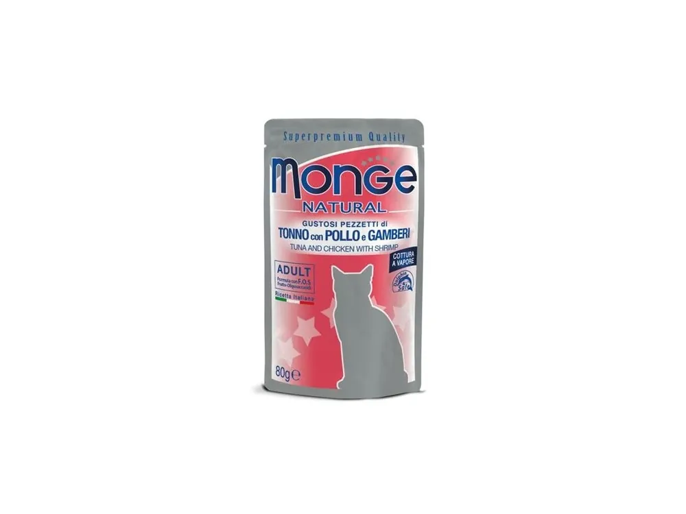 Víkendová Akce MONGE NATURAL kapsička tuňák a kuře v želé s krevetami pro kočky 80 g