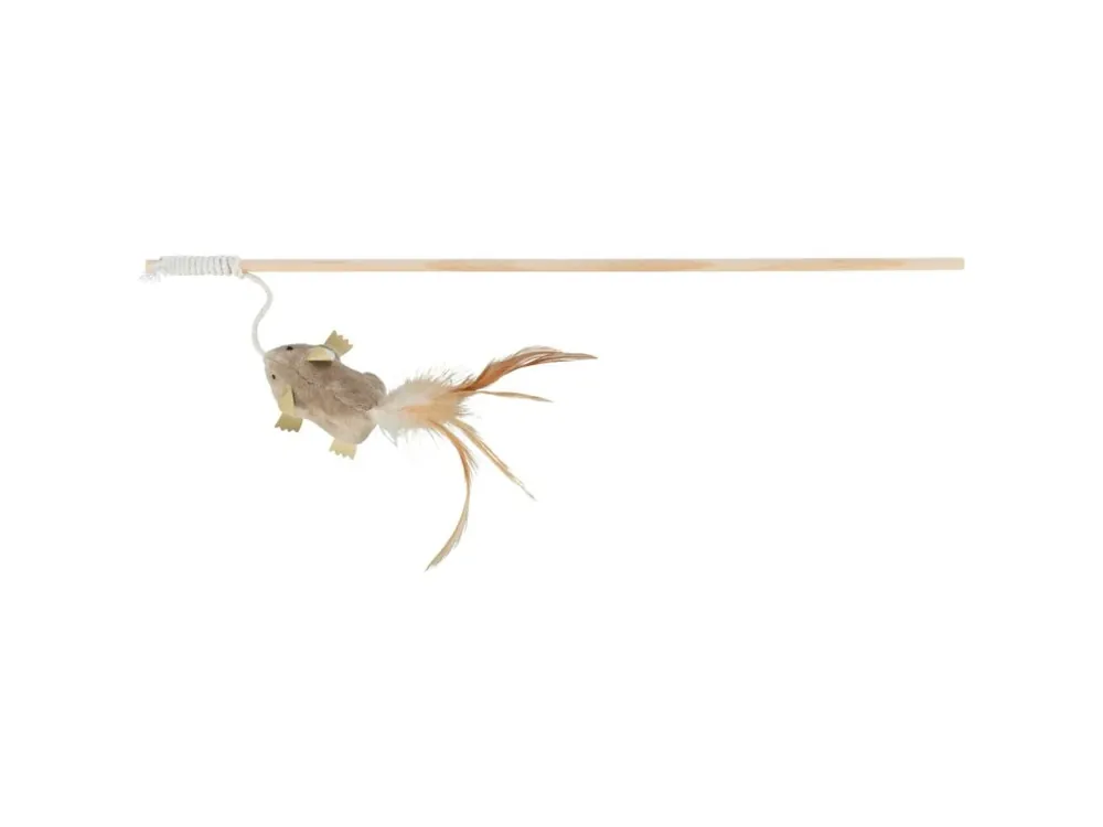 Originální Dřevěná udice s plyšovou myší a peřím 50 cm